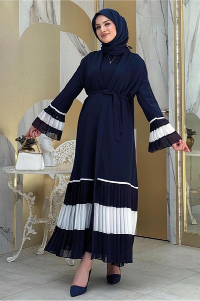 TRENDTESETTÜR Women's Navy Blue (Navy-Ekru) Pleated Detail Volume Abaya t 4547