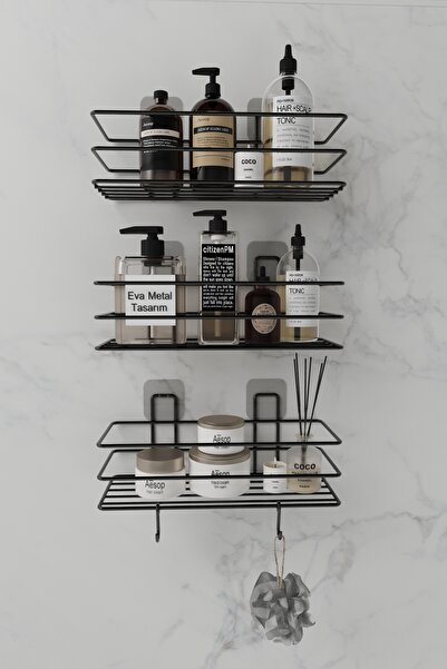 EVA METAL TASARIM 3'lü Set Yapışkanlı 2 Kancalı Paslanmaz Banyo Rafı Mat Siyah Banyo Şampuanlık Duşakabin Duş Askısı