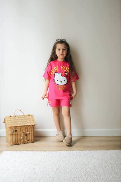 HELLO KITTY BASKILI YAZLIK ALT ÜST TAKIM ŞORT TAKIM KOYU PEMBE