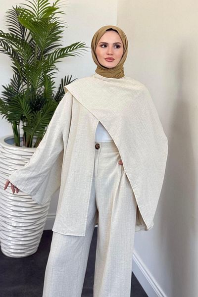 MERVEN AKYÜZ Κρέμα σετ λινό Veni Asymmetric Palazzo