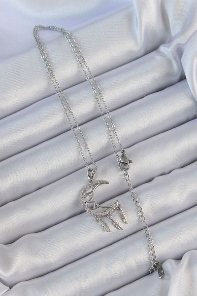 Skygo 316L Steel Chain Silver Color Engraved Zircon Stone Moon Necklace - Tj-Bko9172