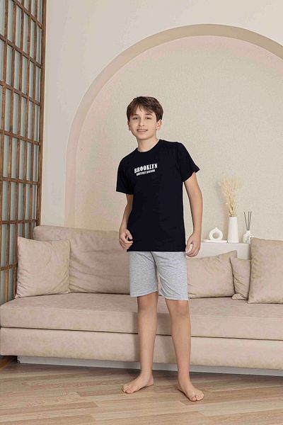 Tarık Men's 100% Cotton Black Gray Brooklyn Letter Crew Neck Short Sleeve Shorts Pajama Set