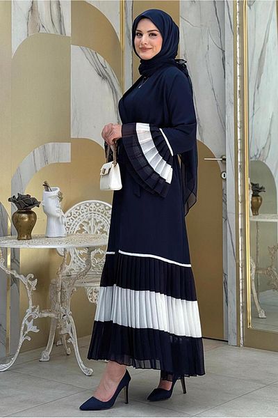 TRENDTESETTÜR Women's Navy Blue (Navy-Ekru) Pleated Detail Volume Abaya t 4547