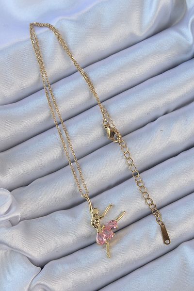 Skygo 316L Steel Chain Gold Color Pink Zircon Stone Ballerina Necklace - Tj-Bko9137