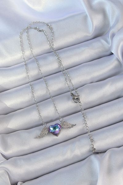 Skygo 316L Steel Chain Silver Color Blue Purple Zircon Stone Winged Heart Necklace - Tj-Bko9162