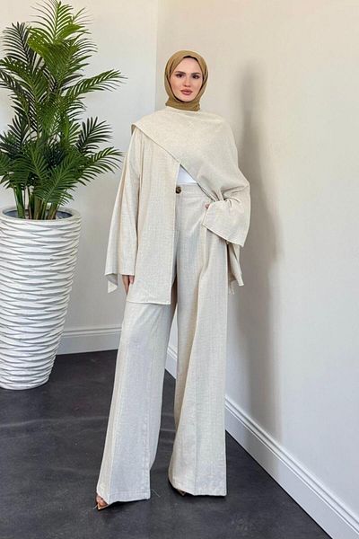 MERVEN AKYÜZ Κρέμα σετ λινό Veni Asymmetric Palazzo