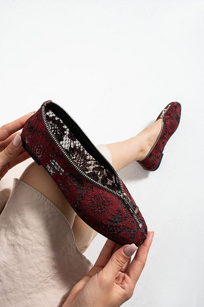 MissPapatya Bondy Embroidered Detailed Zippered Burgundy Women's Casual Babet