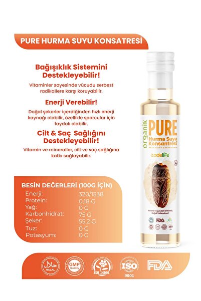 zadelife Organik Hurma Suyu Konsantresi Fda Onaylı 250 ml