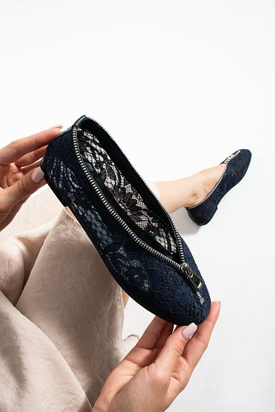 MissPapatya BONDY Embroidery Detailed Zippered Navy Blue Women's Casual Ballet Flats