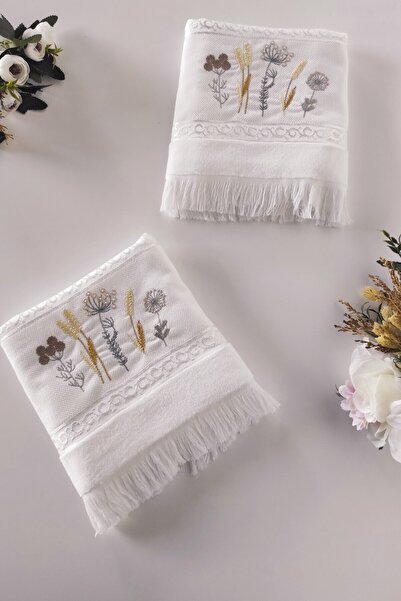 Sevim Floral Embroidered 2-Piece Hand Towel - Jacquard Velvet Face Towel - 100% Cotton - White