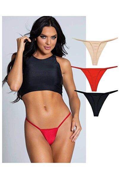 Genel Markalar Kadın Siyah Yanı Büzgülü Yırtmaçlı Candy Etek altı ip lastikli string tanga 3 adet