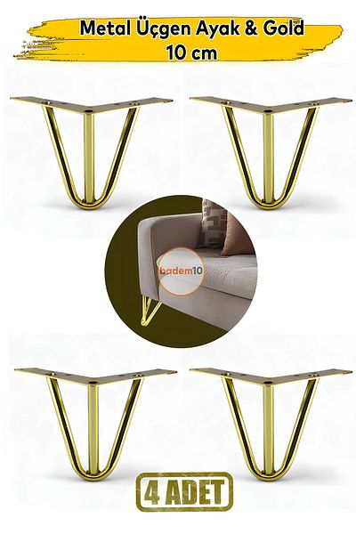 Badem10 Set de 4 picioare de mobilier triunghiular metal auriu de 10 cm pentru scaun de lux, canapea, set de picioare pentru masă de cafea