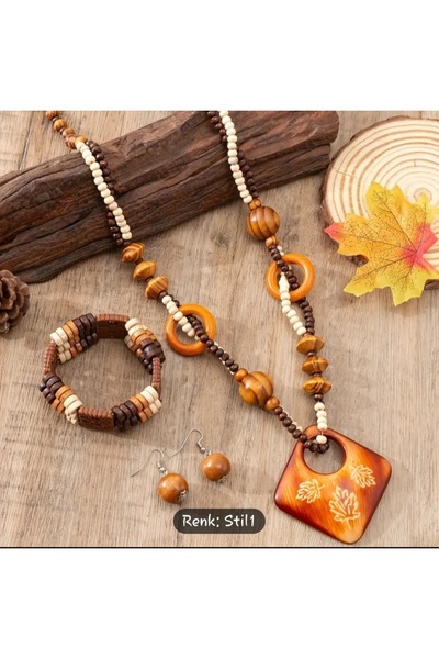 Store Bohem Tarz Ahşap Takı Kolye Bileklik ve Küpe