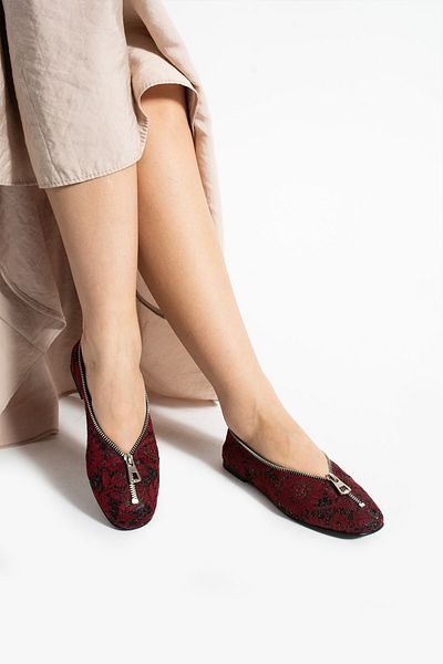 MissPapatya Bondy Embroidered Detailed Zippered Burgundy Women's Casual Babet