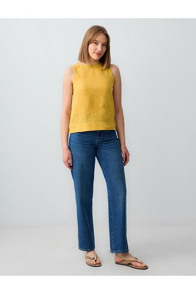 Jimmy Key Mustard Round Neck Sleeveless Woven Linen Blouse