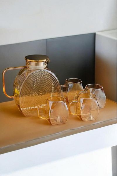 morponi Borosilicate Glass Amber Snail Patterned Glass Teapot & Jug with 4 Glasses 2500 ml