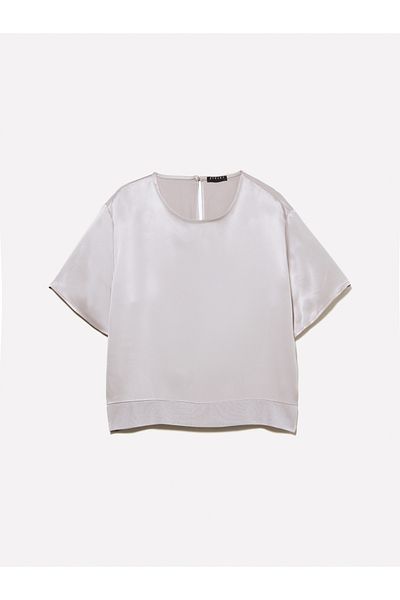 Sisley Women's Gray 100% Viscose Oversize Crew Neck Satin Blouse with Side Slits