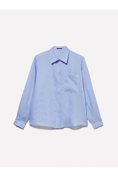 Sisley Women's Light Blue 100% Linen Buttoned Long Sleeve Shirt with Chest Pocket