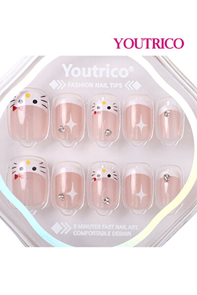 Youtrico 30 أظافر صناعية شبه يدوية، فرنسية جديدة، قطة لطيفة