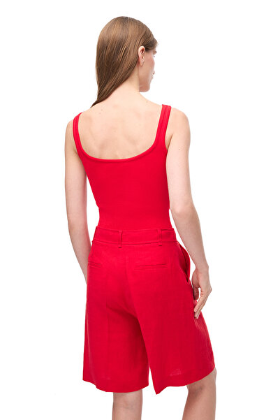 Perspective Kırmızı Holas Regular Fit Yüksek Bel Diz Üstü Şort