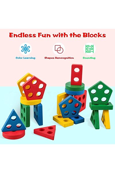 007 Wooden Sorting & Stacking Educational Toy - Geometric Shapes and Colors, Lace-Up Threading, SKY-TOUC
