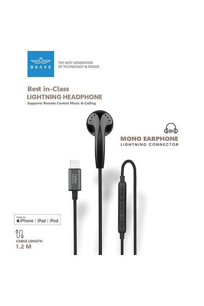 Brave Mono Earphone Lightning Connector for iPhone, MFi Certified In-Ear Headset with Mic - Black