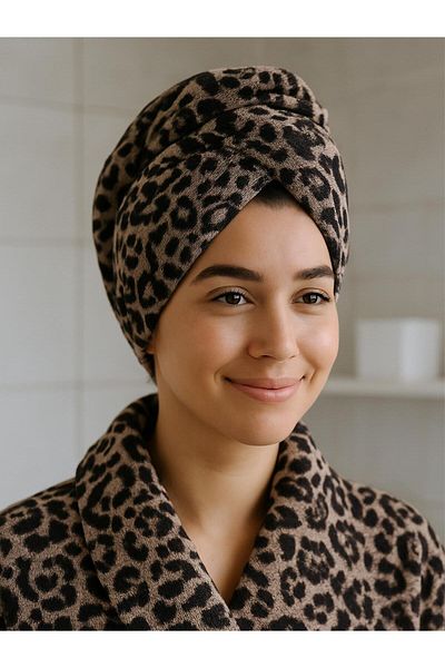 Ender Home Șapcă de uscare a părului ondulat imprimat Prosop de cap cu nasturi Șapcă de păr-Imprimat leopard
