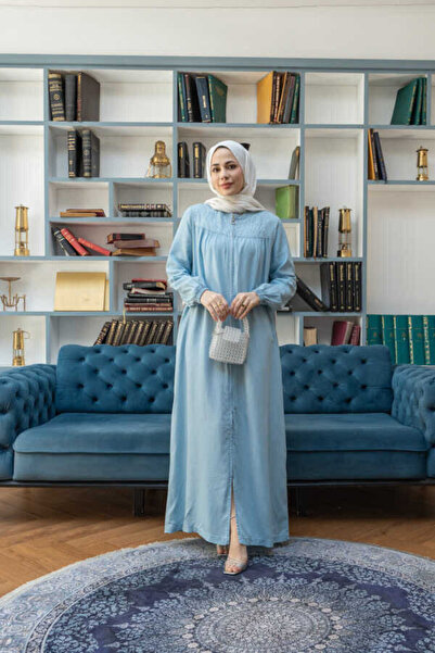 Neways 6470-Taşlı Fermuarlı Ferace Mavi