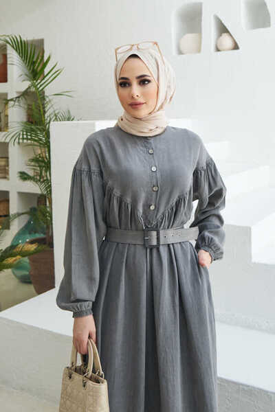 Neways 6586-Denim Shirred Dress Gray