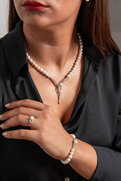 Sinemkacay 925 AYAR GÜMÜŞ RODYUM (BEYAZ ALTIN) KAPLAMA GERÇEK İNCİ SET