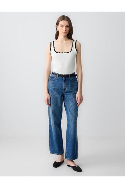 Jimmy Key White U Neck Embroidery Detailed Knitted Blouse