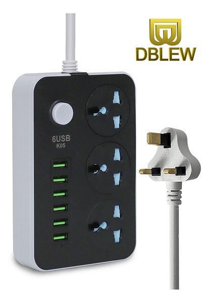 DBLEW 3 Way Universal Plugs Power Strips Extension Cords Adapter 6 USB Charging Ports 2 Meters Cable