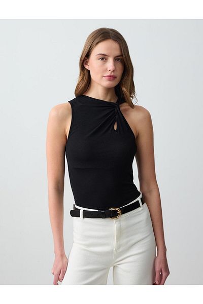 Jimmy Key Black Slim Fit Draped Collar Sleeveless Knitted Blouse