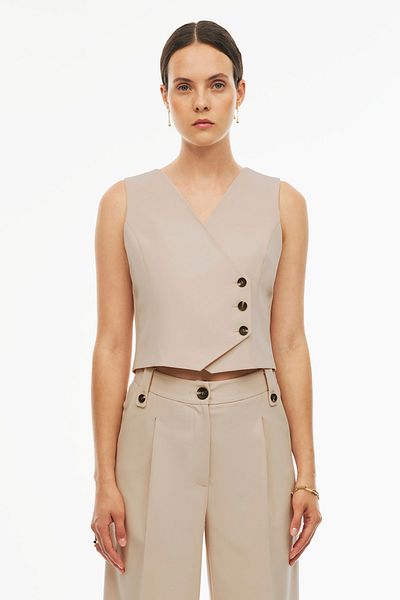 Perspective Fredos Comfortable Fit Short Length Zero Sleeve V-Neck Tea Tree Sand Color Women's Vest