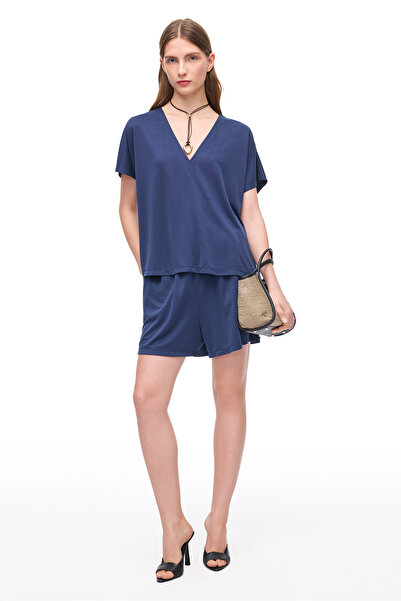 Perspective Синя блуза Dinos Slim Fit з V-подібним вирізом