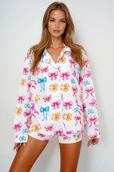 VAGGON Pajama Set with Woven Shirt and Shorts with Double Cuff and Hem Detail