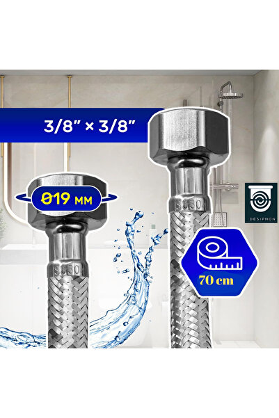 DESIPHON 70 Cm Paslanmaz Çelik Örgülü Flex Hortum – 3/8"x3/8" Klozet & Taharet Musluğu Bağlantı Hortumu