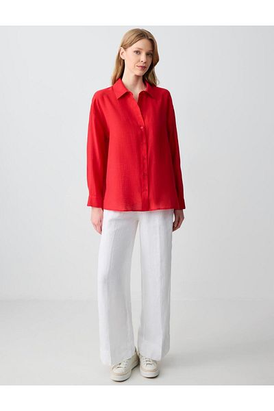 Jimmy Key Red Loose Shirt Collar Linen Shirt