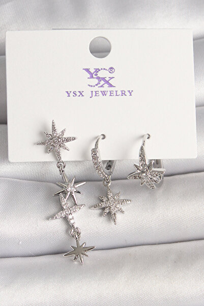 Skygo Pirinç Gümüş Ren Sallantı Zirkon Taşlı Kutup Yıldız Model 3'Lü Kadın Ko...