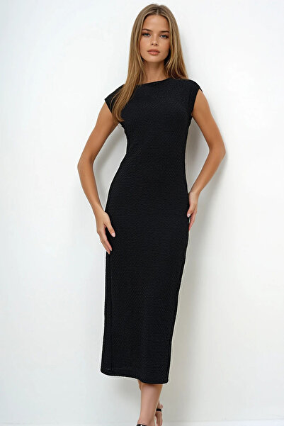 VAGGON Kadın Siyah Bisiklet Yaka Pis Dikiş Detaylı Bürümcük Dokuma Elbise Prmx13850