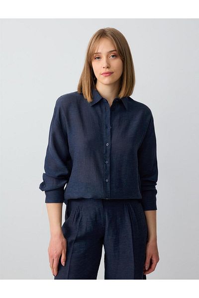 Jimmy Key Navy Blue Relaxed Cut Long Sleeve Linen Shirt