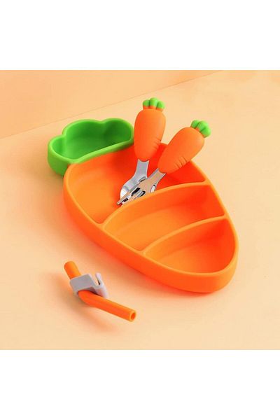 COOYA Silicone Suction Plates Set for Toddlers,with Fork Spoon Straw,3 Tiers Silicone,Orange Carrot
