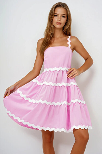 VAGGON Poplin Balloon Dress with Zigzag Stripe Detail and Hidden Zipper