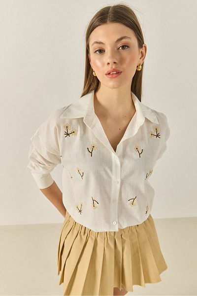 Bianco Lucci Women's Floral Embroidered Cotton Linen Casual Shirt 2095 60283275