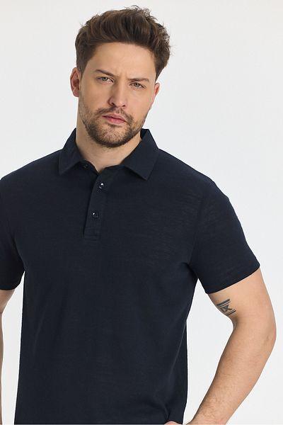 Frappoli Ανδρικό μπλουζάκι με γιακά πόλο Wolfe Navy Blue Lycra Cotton Blend - Μπλουζάκι που δεν συρόμενο και δεν συντριβάνει