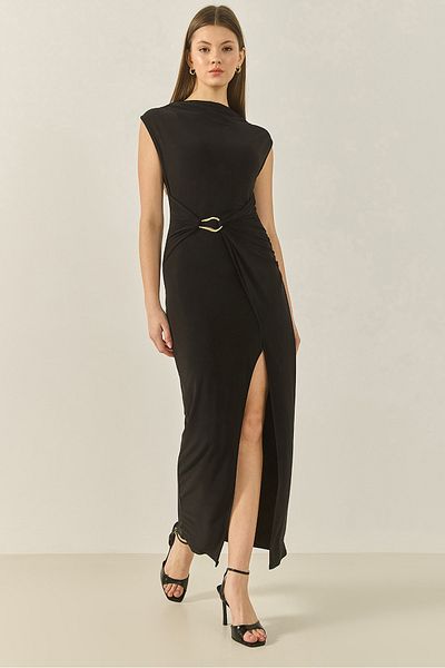 Bianco Lucci Women's Buckle Detailed Gathered Slit Saran Candy Dress 60283247