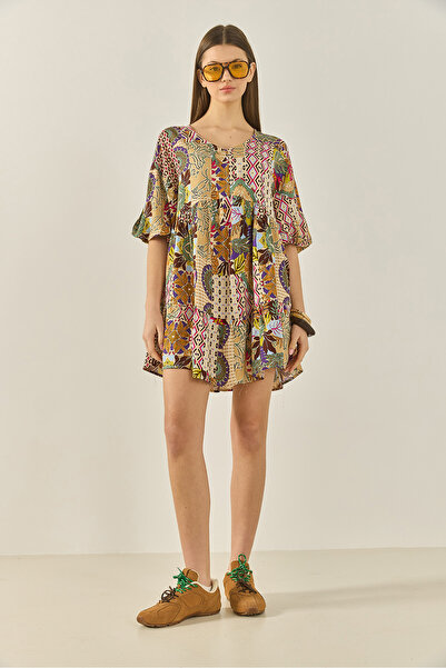 Bianco Lucci Γυναικείο Μίνι φόρεμα με λαιμόκοψη με λαιμόκοψη με καρπούζι με βισκόζη 6661 60283257