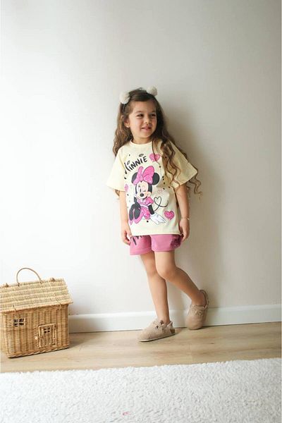 JELİBOOM Minnie Mouse Printed Shiny Buckle Detail Summer Bottom Top Set Shorts Set Cream-Dark Pink