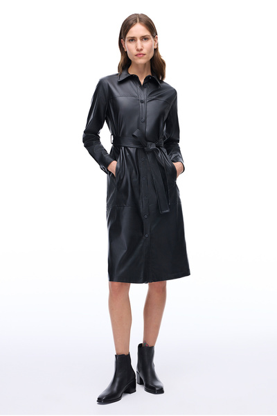 Perspective Dark Regular Fit Below Knee Length Sleeve Shirt Collar Black Dress