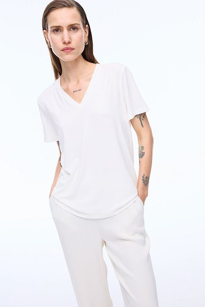 Perspective Γυναικείο T-shirt Leon Regular Fit Standard μήκους κοντό μανίκι V-λαιμόκοψη εκρού χρώματος